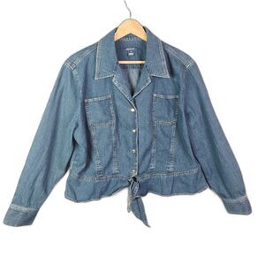 Jones New York Denim Jacket Blue 2X Peplum Tie Front Snap Feminine Fit
